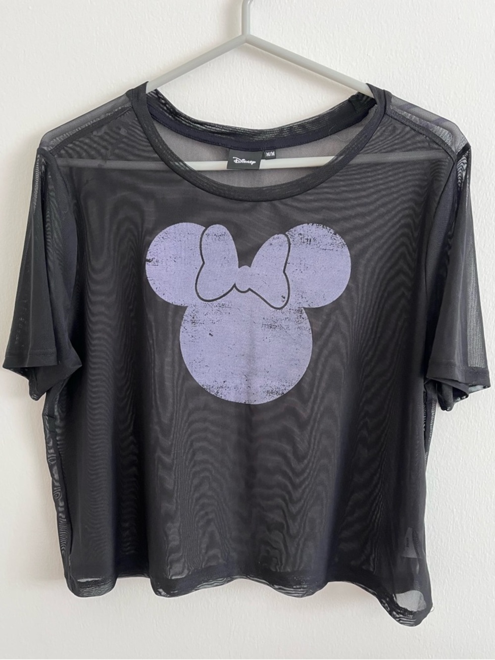 Disney Sheer Minnie Mouse Black Mesh Crop Top Med Graphic Tee Mickey Short Sleev